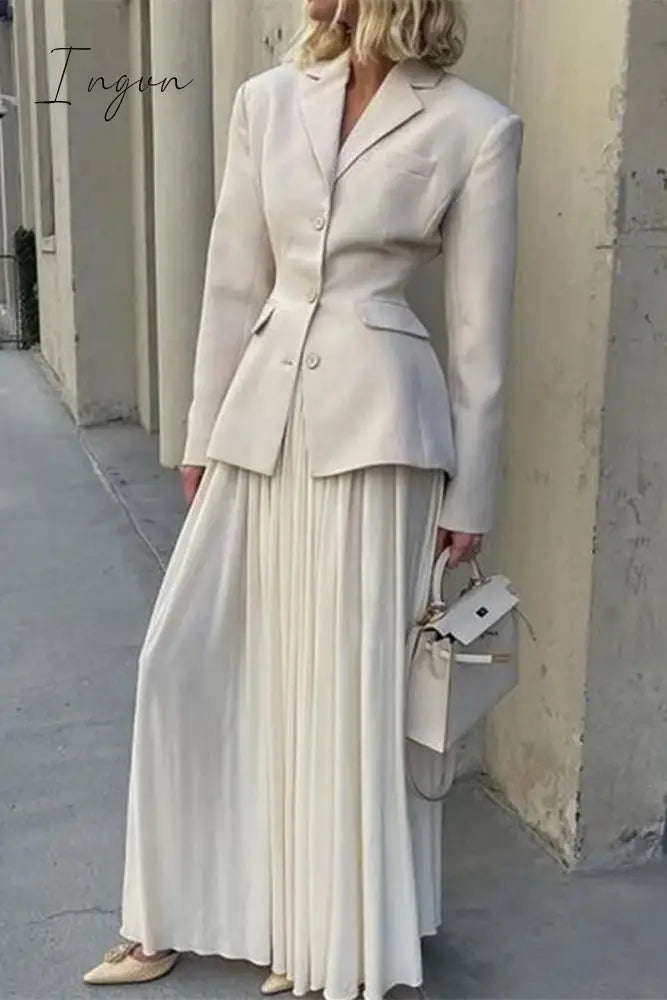 Ingvn - Celebrities Elegant Solid Pleated Turn-back Collar Long Sleeve Two Pieces