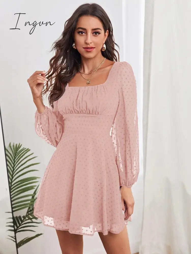 Ingvn - Ruched Bust Lantern Sleeve Swiss Dot Chiffon Dress