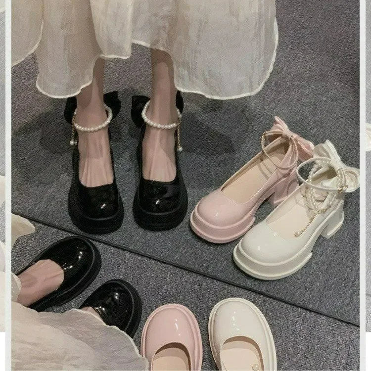 Fashionable Versatile Women's Shoes Spring New Style French Pearl Thick Heel Small Leather Shoes Polyamide Sole Rubber Upper