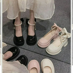 Fashionable Versatile Women's Shoes Spring New Style French Pearl Thick Heel Small Leather Shoes Polyamide Sole Rubber Upper