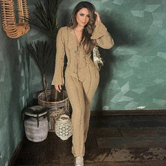 Ingvn - Fall 2 Pieces Set Tracksuits Women Clubwear Festival Outfit Turndown Neck Solid Long Flare Sleeve Crop Top And Pants