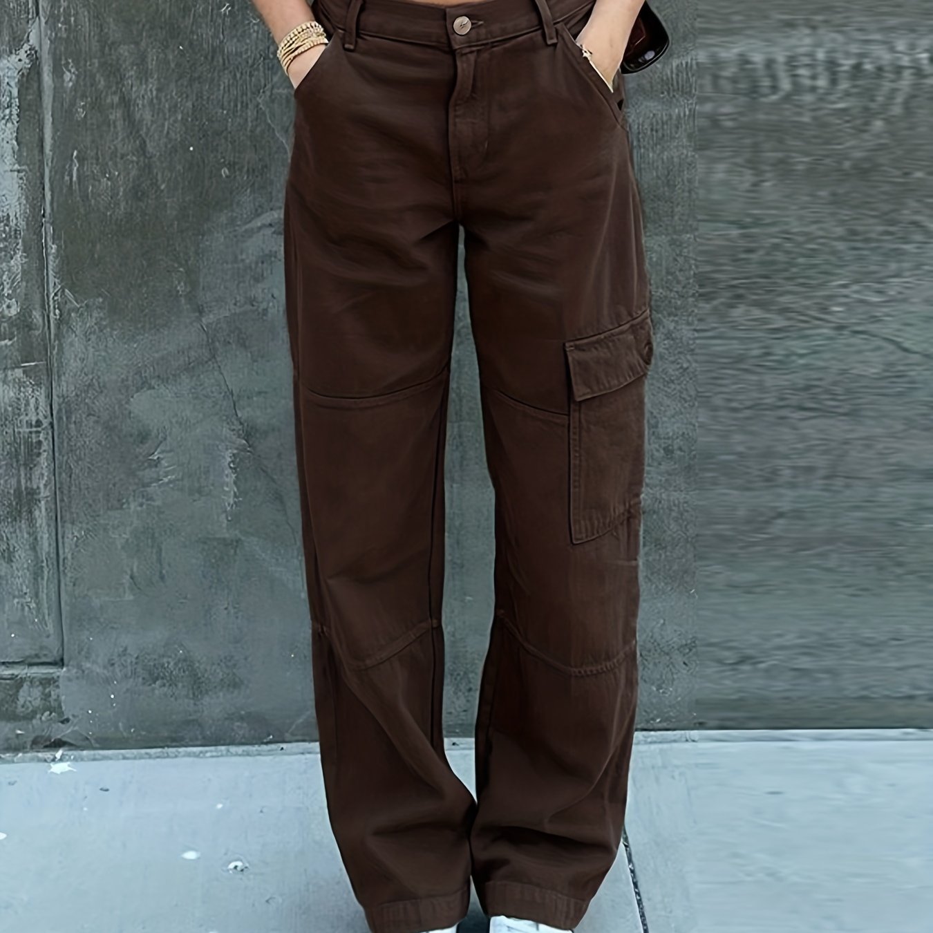 Wide Leg One Side Square Pocket Cargo Pants, Denim Loose Baggy Fit Straight Legs Trousers, Y2K Kpop Vintage Style Women's Jeans