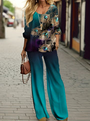 Plus Size Casual Outfits Two Piece Set, Women's Plus Peacock & Ombre Print Long Sleeve Round Neck Top & Pants Outfits 2 Piece Set