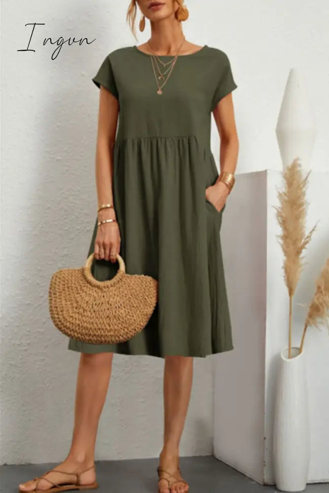 Ingvn - Casual Solid Patchwork O Neck A Line Short Sleeve Dress(11 Colors)