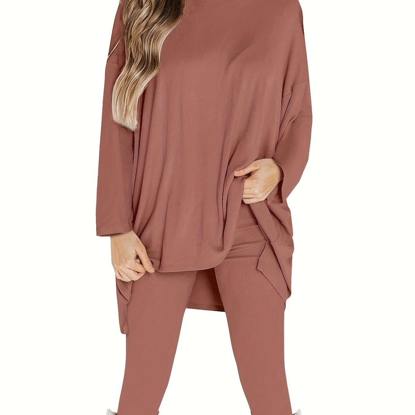 Plus Size Casual Outfits Set, Women's Plus Solid Long Sleeve Round Neck Oversized Top & Leggings Outfits Two Piece Set
