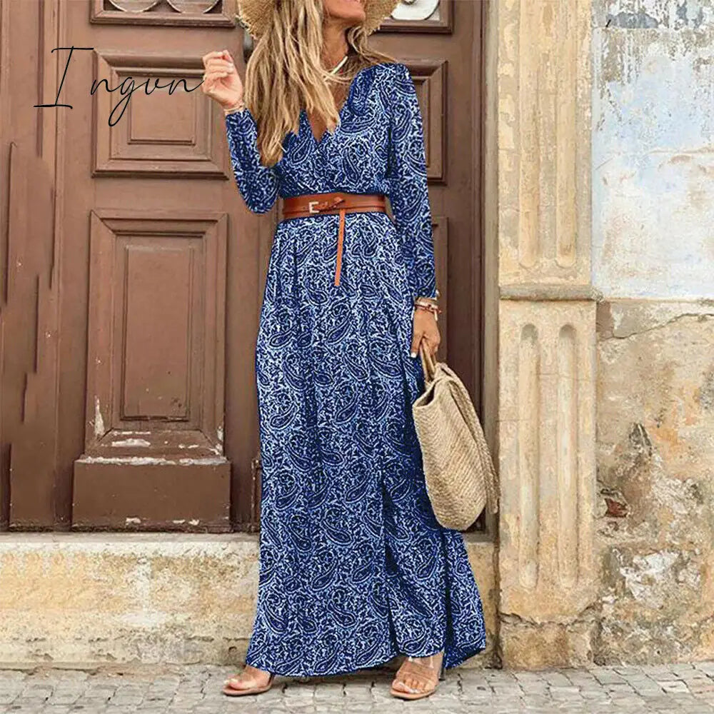 Ingvn - Fashion Boho Dress Long Dress Women Casual V Neck Short Sleeve Retro Print Belt Hem Beach Dresses Elegant Sundress Robe Femme