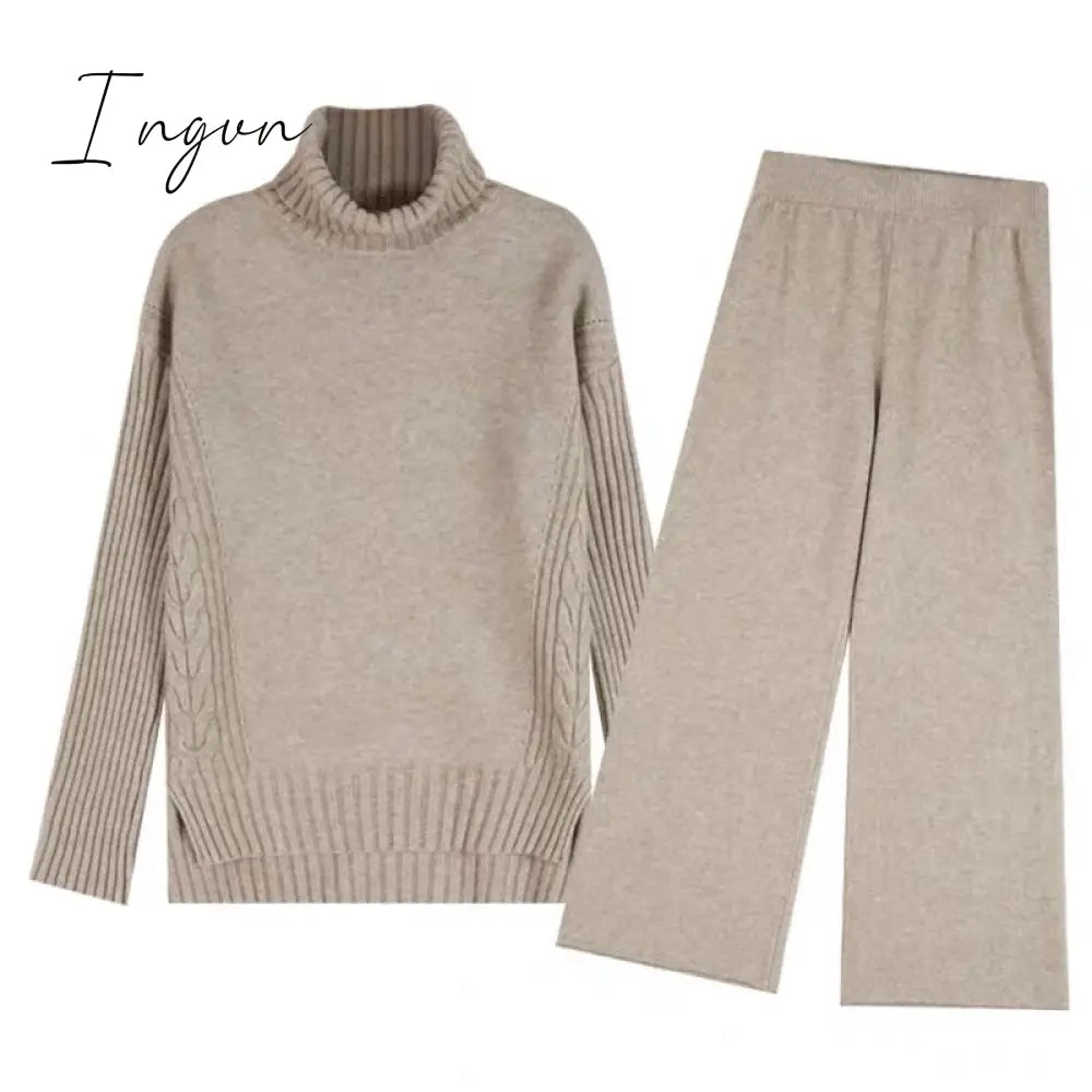 Ingvn - sweater set women tracksuit spring autumn knitted suits 2 piece set warm turtleneck sweater pullovers wide legs pants