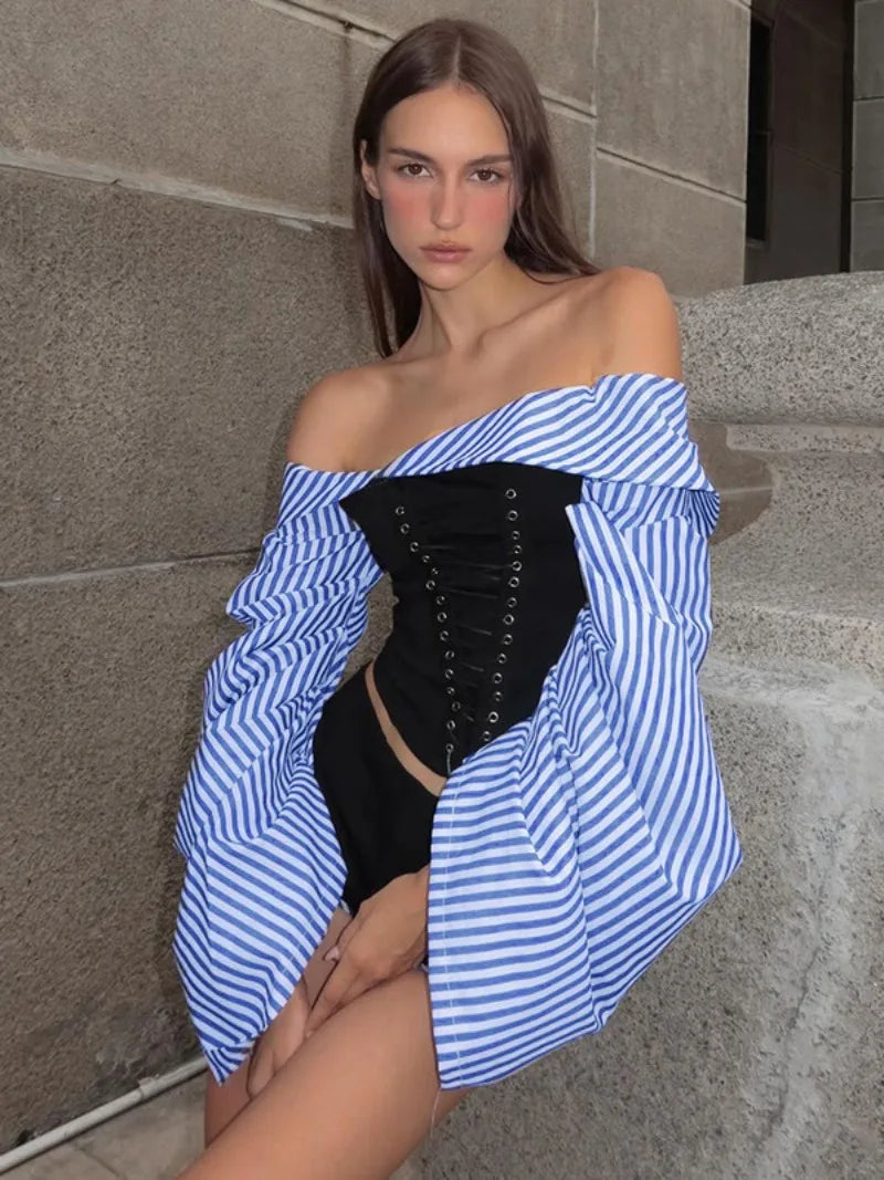 Ingvn  Fashion Chic Women Long Sleeve Striped Long Sleeve Corset Shirts + Shorts 2 Piece Sets High Street Tunics Bandage Female Suit