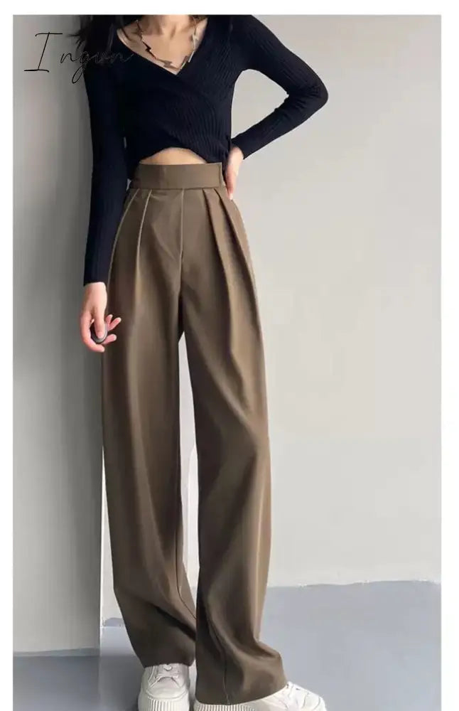 Ingvn - Brown Wide Leg Women's Classic Suit Pants Vintage Palazzo Office Elegant Casual Balck Trousers Female High Wasit Pants