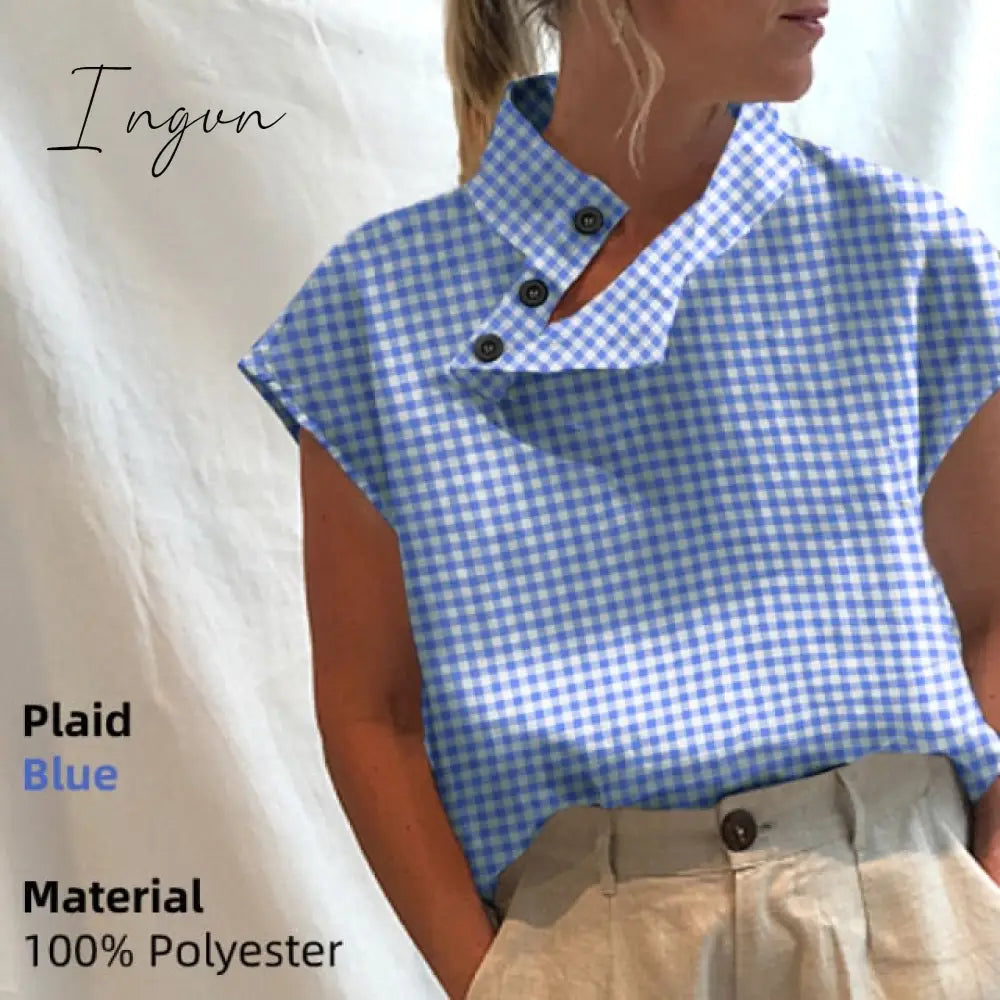 Ingvn - New Stylish Tunic Tops Plus Size Women Short Sleeve Summer Blouses Buttons Solid Cotton Linen Tops Casual Loose Blusas Femme