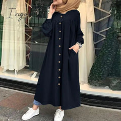 Ingvn - Plus Size Muslim Dresses Woman Shirt Dress Long Sleeve Maxi Vestidos Female Button Robe High Wasit Solid Sundress
