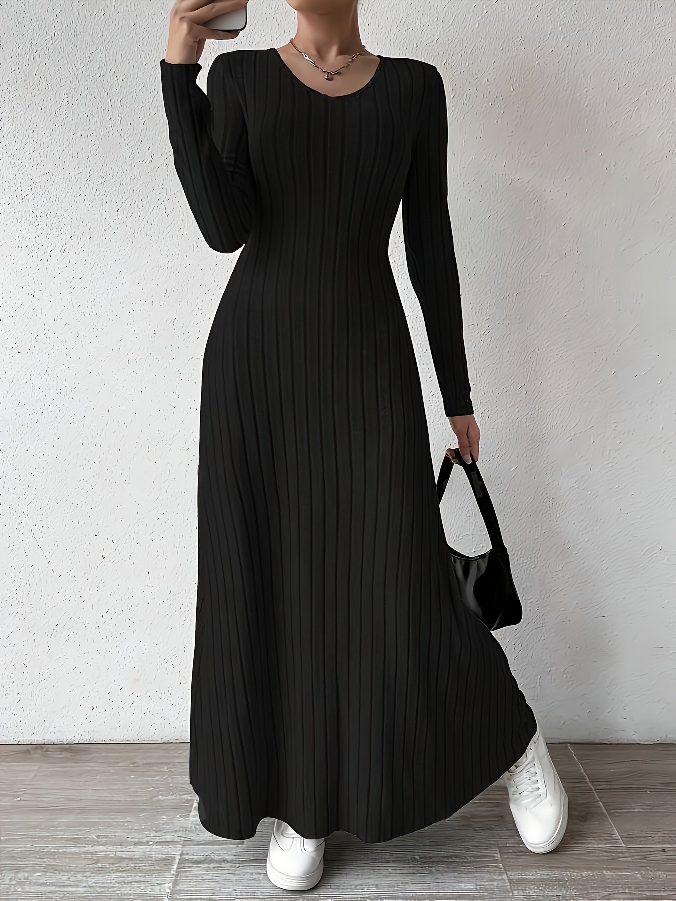Long Sleeve Ankle Ribbed Crew Neck Sweater Dress for Fall & Winter, Elegant Women's Clothing
