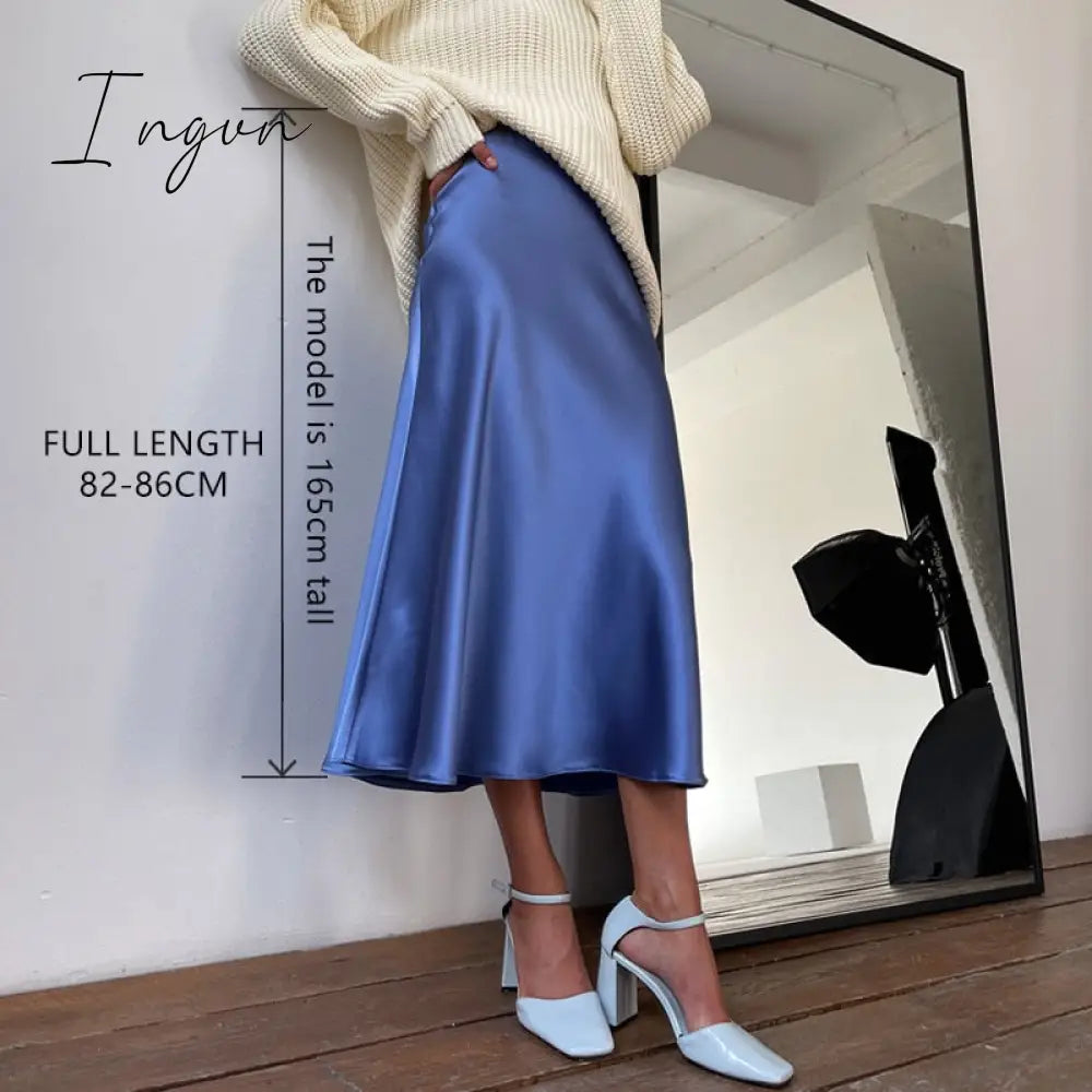 Ingvn - Women High Waisted Skirt  Silk Satin Skirts  A-Line Elegant Skirts Summer Pink Midi Skirt New Korean Style  pencil skirt 2023