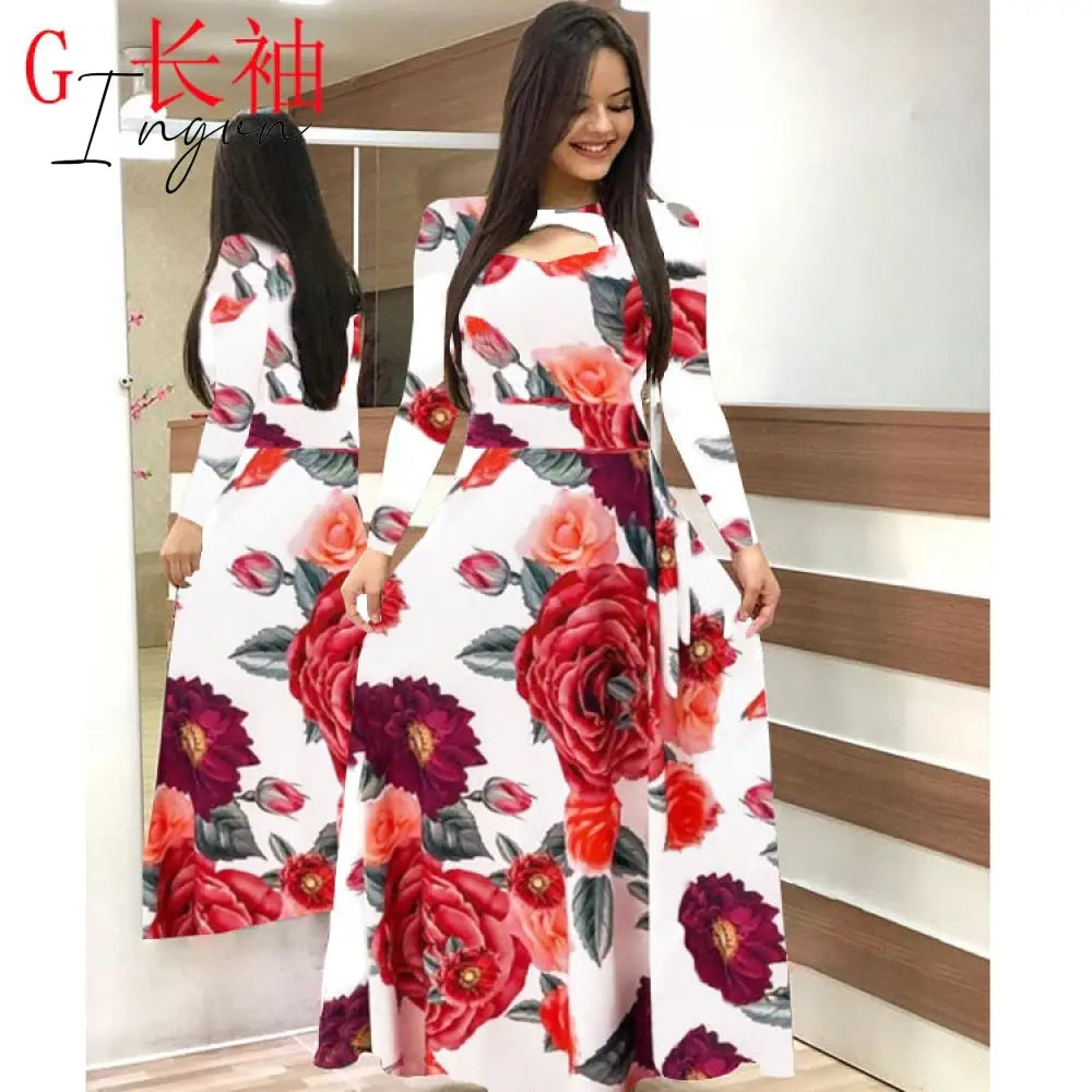 Ingvn - S- 5XL Plus Size Elegant Oversized Tunic Women Dress Bohmia Flower Print Maxi Dresses Fashion Hollow Out Long Vestidos