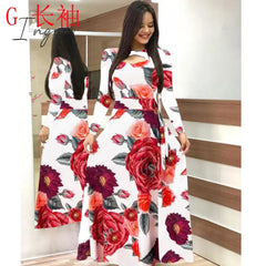 Ingvn - S- 5XL Plus Size Elegant Oversized Tunic Women Dress Bohmia Flower Print Maxi Dresses Fashion Hollow Out Long Vestidos