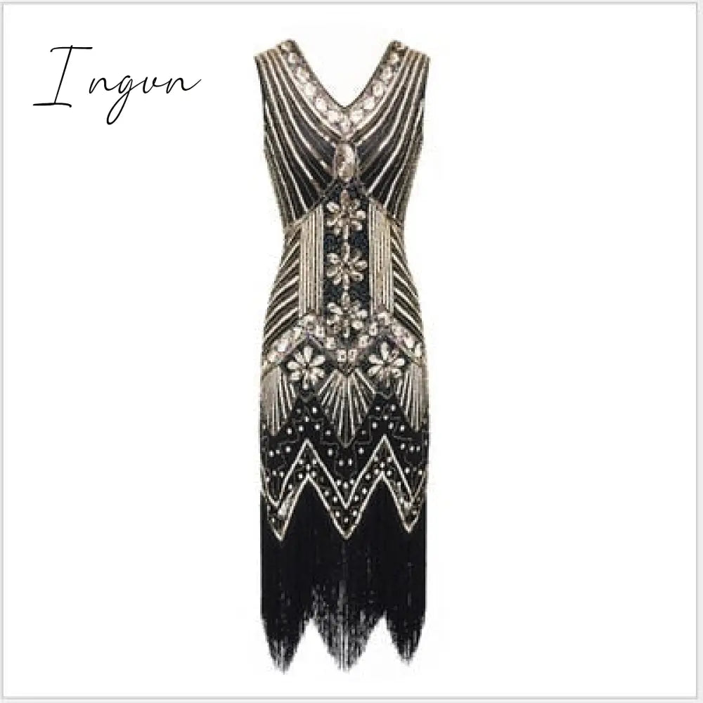 Ingvn - 1920s Vintage Flapper Great Gatsby Party Dress V-Neck Sleeveless Sequin Beaded style Style Tassel Flapper Vestidos Feminina 1920
