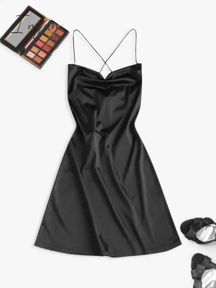 Ingvn - Women's Sexy Satin Dress Spaghetti Strap Slips Nightwear Side Slit Cocktail Party Silk Mini Dresses