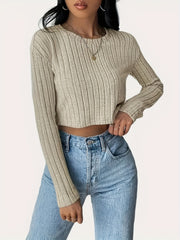 Classic Elegant Long Sleeve T-Shirt - Timeless Solid Crew Neck Design, Ribbed Cuffs, Versatile Wear for Spring and Fall - Womens Everyday Clothing