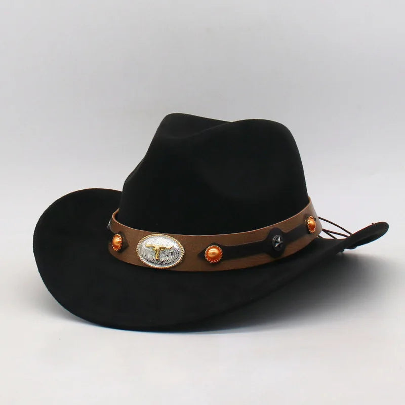 Women Men Cowgirl Hat Wide Brim Bull Head Belt Western Panama Jazz Hat for Wedding Rave Party Travel Accessories