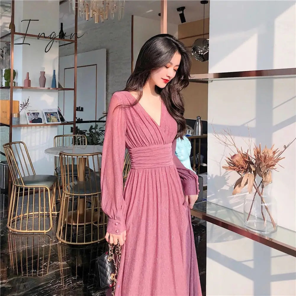 Ingvn - Women Dress Autumn V-Neck Long Sleeve Shiny Midi Dress A-Line Evening Night Party Elegant Dress Red Black Pink vestidos
