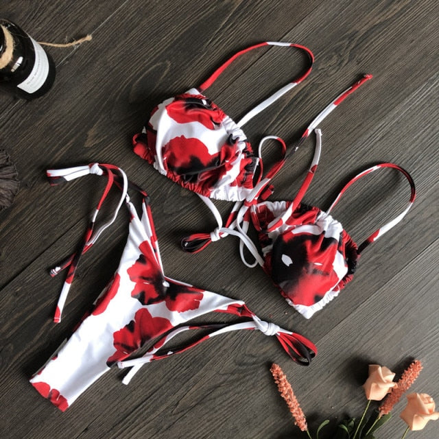 Low Waist Bikini Triangle Swimwear Female String Swimsuit Women Print 2 Piece Suit Push Up Bathing Suit Swim Suit New