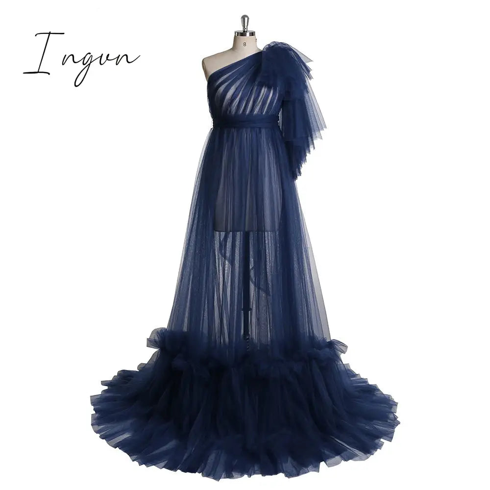 Ingvn - Elegant One Shoulder Tulle Maternity Dresses See Through Sexy Women Plus Size Tulle Maternity Dressing Gowns For Photography
