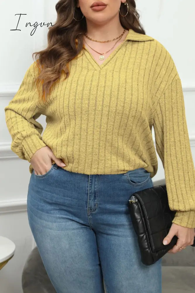 Ingvn - Casual Solid Basic V Neck Plus Size Tops