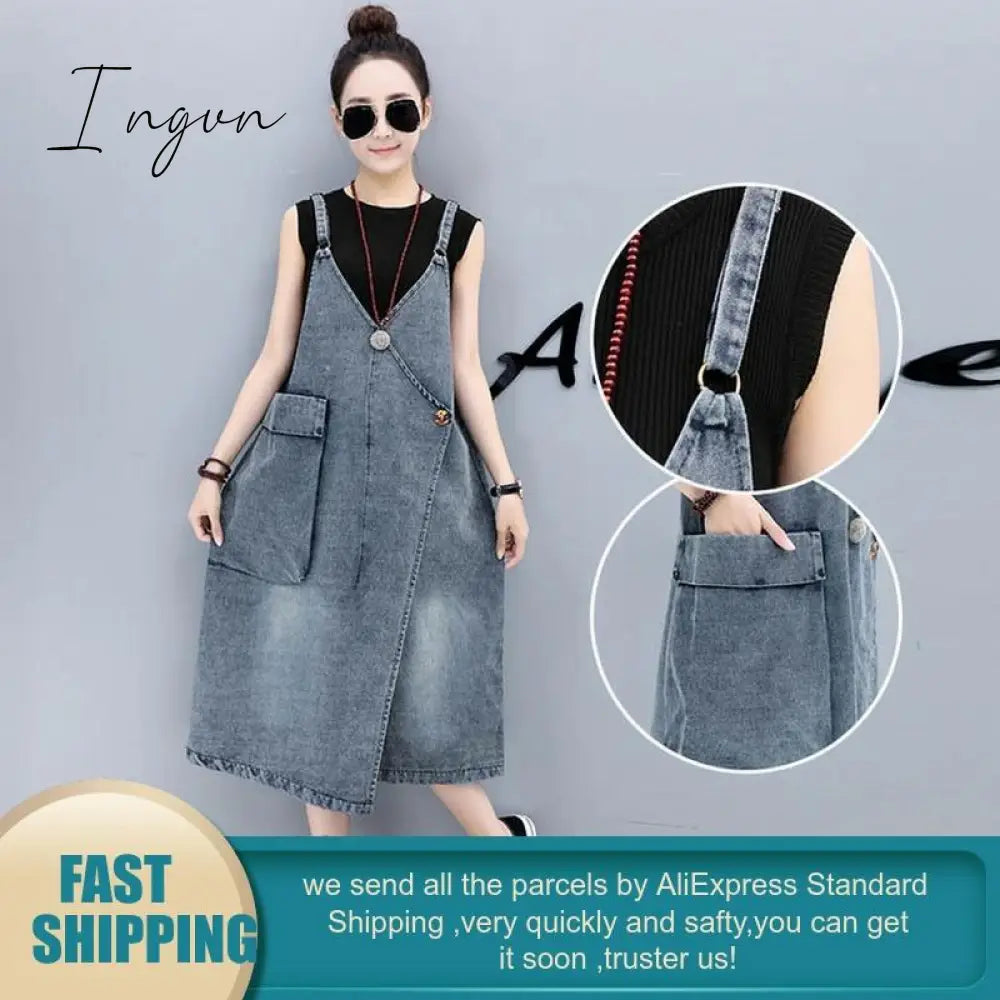 Ingvn - Summer Adjustable Strap Denim Dress Sundress Women Sleeveless  Long  Bandage Dresses for Womens Korean Street Robe Femme 2023