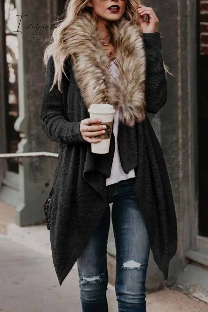 Ingvn -  Fur Collar Cardigan Plush Trench Coat