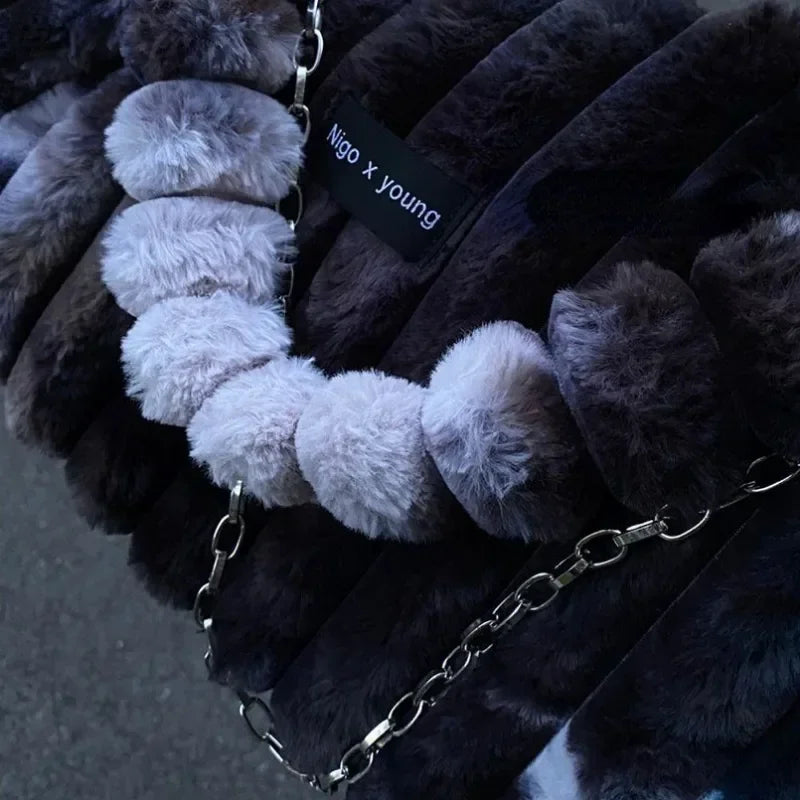 Ingvn  Tie-dye Womens Tote Bag Athletic Plush Chain Autumn and Winter Shopper Shoulder Bag Fluffy Large Capacity Ladies Handbag