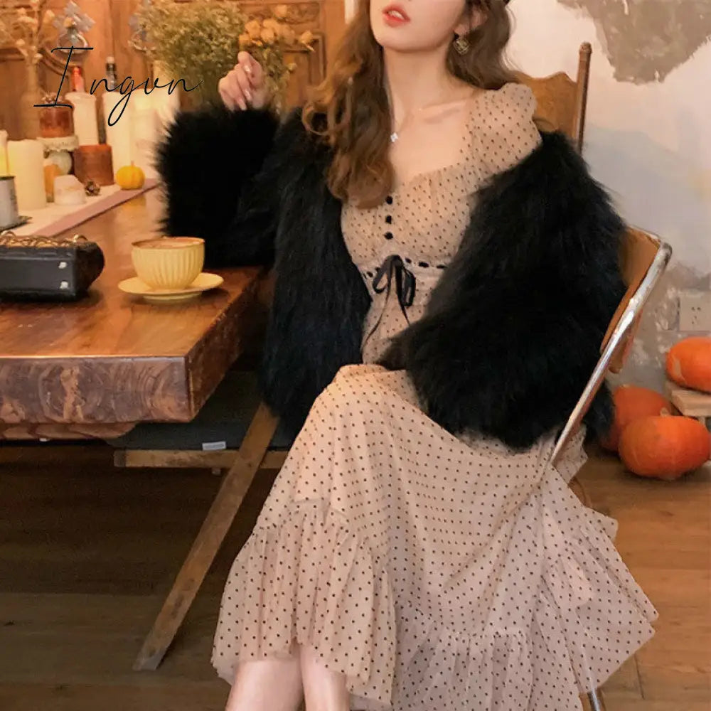 Ingvn - French Vintage Midi Dress Women Puffer Sleeve Square Collor Office Elegant Dress Female Spring Dot One Piece Dress Korean
