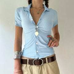 Casual Striped Print Blouse Women Button Up Short Sleeve Basic Knitted Crop Tops y2k Aesthetic Basic T-shirts Streetwear
