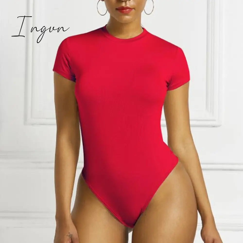 Ingvn - Sexy One Piece Bodycon Bodysuit Short Sleeve O Neck Open Basic White Black Red Overalls Women Body Top Skinny Rompers Female