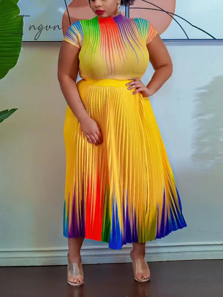 Ingvn - Long Pleated Dress Sets Women 2 Piece Outfits Summer Short Sleeve Gardient Print Swing Skirt Set Elegant Casual 2023 New In