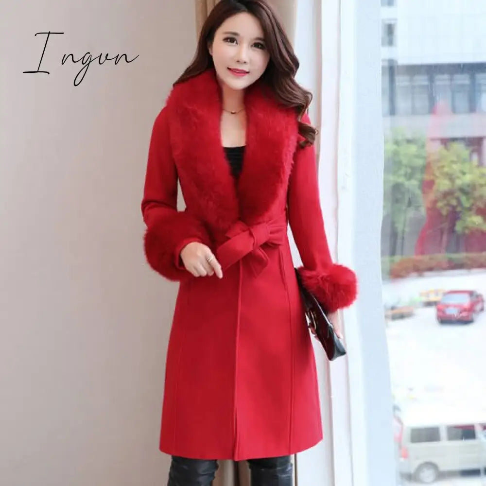 Ingvn - Fur Woolen Coat =New Women  Knee Mid-length Korean Fashion Big Fur Collar Beautiful Cloak Red Pink White Camel S To 3XL