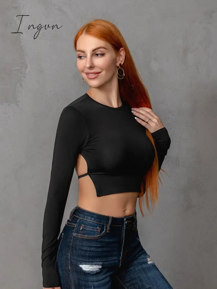 Ingvn - Round Neck Cropped Backless Tie Back Blouse
