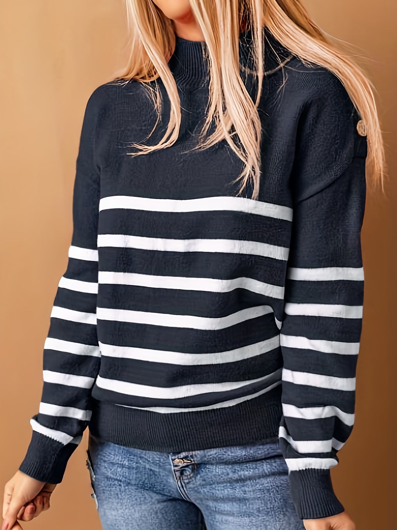 Casual Women's Striped Mock Neck Long Sleeve Pullover Sweater with Fake Button Detail
