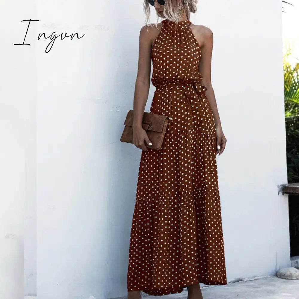 Ingvn - Summer Elegant  beach Women Dress long Print Flowers Polka-dot strap Ladies Halter boho Dress Vintage party ladies Dress