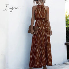 Ingvn - Summer Elegant  beach Women Dress long Print Flowers Polka-dot strap Ladies Halter boho Dress Vintage party ladies Dress