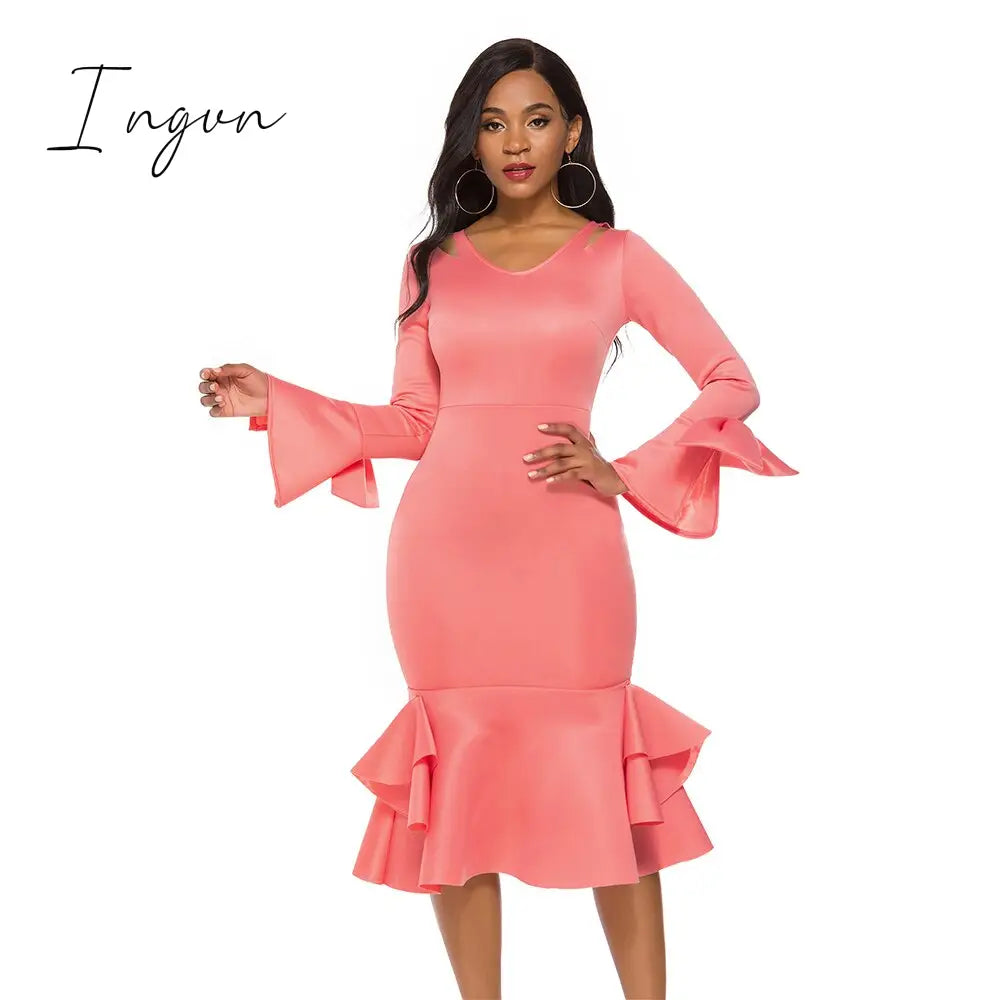 Ingvn - Women Bodycon Party Dress Long Flare Sleeves Cold Shoulder Ruffles Bowtie Elegant Slim Evening Birthday Event Robes Female 4XL