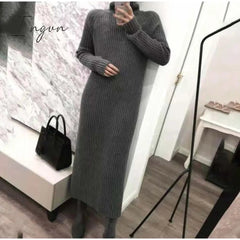Ingvn - Turtleneck knitted sweater dress ladies fall winter elastic cashmere bottoming shirt midlength over the knee thick sweater dress