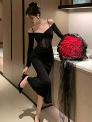 French Sexy Bodycon Knitted Mermaid Dresses Women Hollow Out Spaghetti Strap Corset Slim Waist Evening Party Dress Prom Vestidos