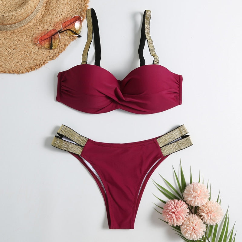 Vintage Retro Bikini Patchwork Swimsuit Thong Brazilian Sexy Swimwear Female  New Summer Micro V-bar Green Bathing Suits