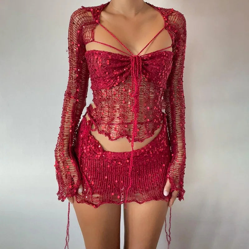 Crochet Knitted Dress Two Piece Skirt Sets Summer Women Clothes Sexy Crop Tops Elegant Knit Sequin Dress 3 Piece Set Outfit