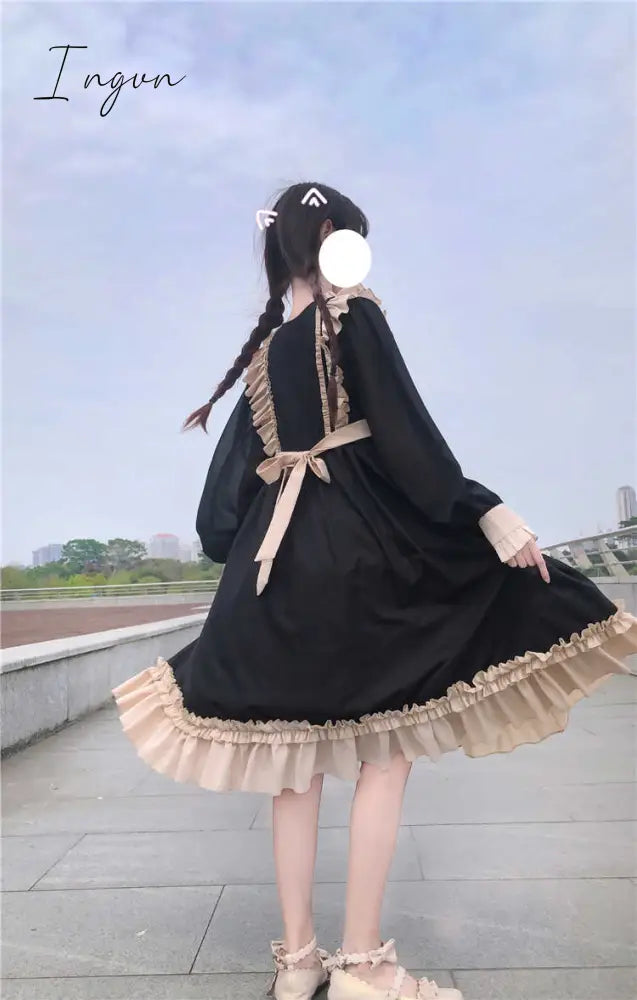 Ingvn - Japanese Harajuku Gothic Bandage Bow Splice Dress Sweet Lolita Girl Cosplay Dress Kawaii Ruffles Bow Women Party Dress