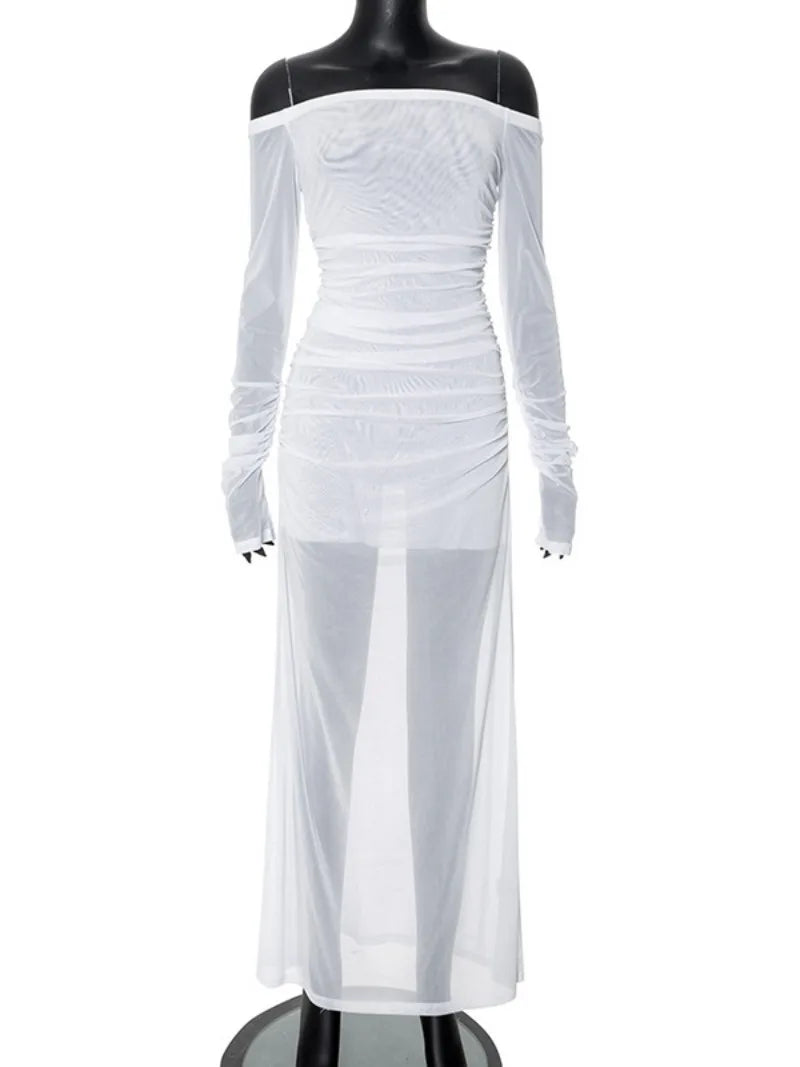 Ingvn  Womens Elegant Slash Neck Long Sleeve Mesh Dress  Sexy Female See Through High Waist Folds Slim Fit Long Dresses White Black