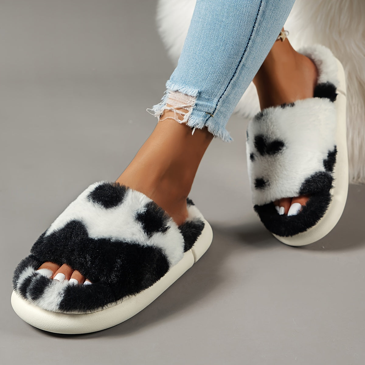 CozyPlus Furry House Slippers - Slippers with Single Band Open Toe Platform, Fuzzy Comfy Warm Design for Home Relaxation - Perfect for Cold Winter Days