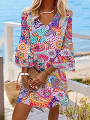 Bohemian Paisley Print Dress - Flowy Layered Skirt - Bell Sleeves - Perfect for Beach Holidays & Casual Summer Days, Womens Fashion