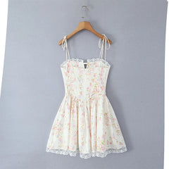 Sexy Elegant Women Lace Patchwork Floral Print Sling Mini Dress Low Waist A-line Summer Holiday Party Dresses Pretty Robe