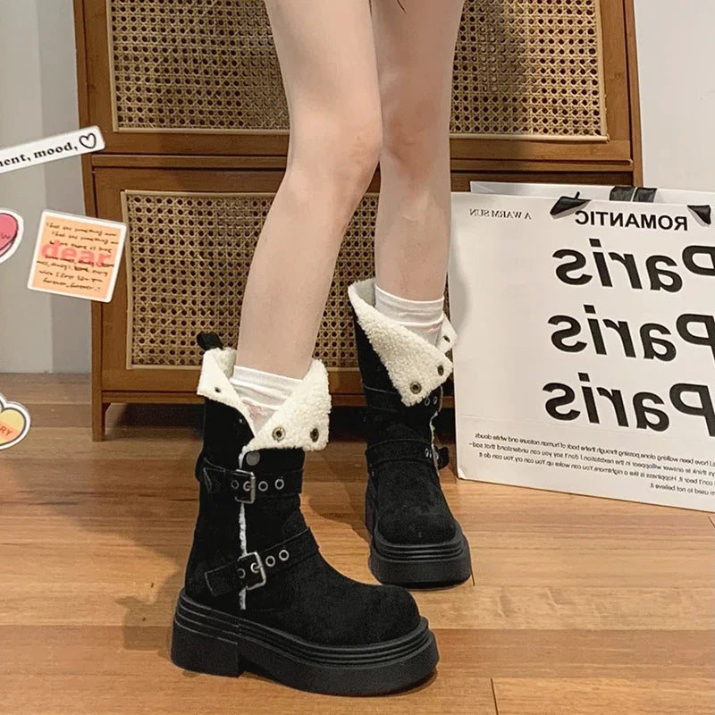 Ingvn  Winter Warm Cotton Women Modern Boots Fashion Slip On Short Booties Concise Square Heels Shoes